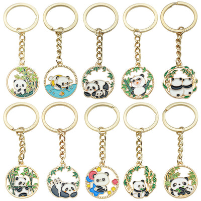 Clean white background catalog view of ten round panda scene keychains