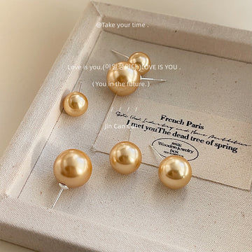 Gold Glass Pearl Round Ball Stud Earrings Two Sizes