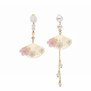 Mismatched Pearl Look Fan and Pink Flower Long Earrings