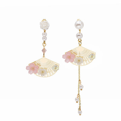 Supplied main image of mismatched fan and pink flower long earrings