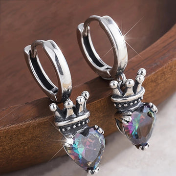 Antique Silver Crown Heart Rainbow Stone Huggie Earrings