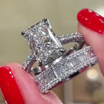 Silver Tone Radiant Clear CZ Bridal Ring Set Sizes 6-10