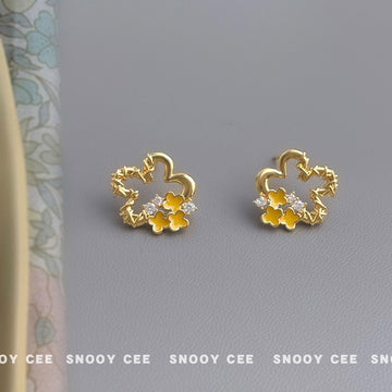 Gold Cloud Outline Stud Earrings Yellow Enamel Flowers CZ