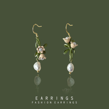 Gold Tone Green Branch White Flower And Pearl Hook Earrings