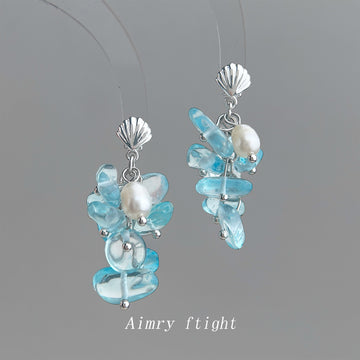 Silver Tone Aqua Chip Cluster Pearl And Shell Shape Drop Earrings