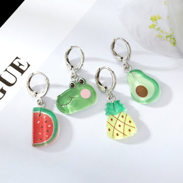 Silver Tone Colorful Acrylic Food and Animal Huggie Earrings