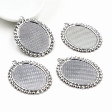 Beaded Edge Oval Stainless Steel Cabochon Pendant Trays