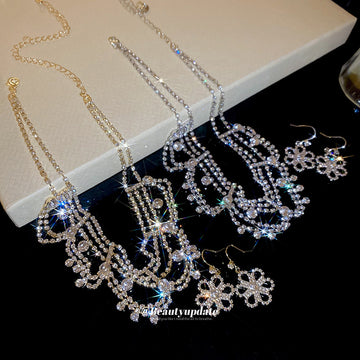 Multi Layer Rhinestone Bib Necklace Flower Hook Earring Sets
