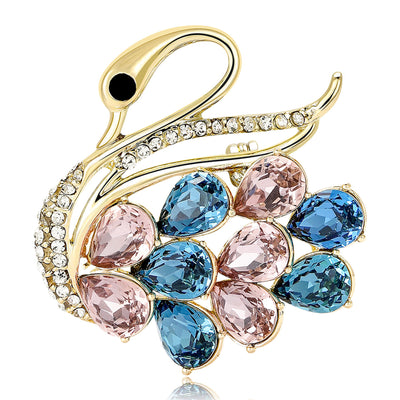 Gold-tone multicolor blue pink teardrop crystal swan brooch front view