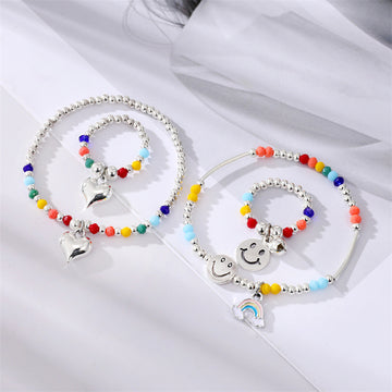 Silver Tone Colorful Bead Heart and Smiley Bracelets and Rings