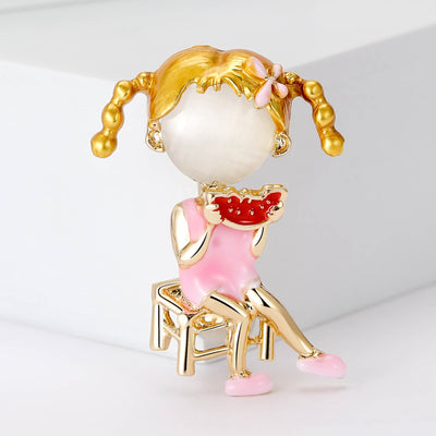 Front view of a stylized seated girl with a pink dress and gold-tone pigtails