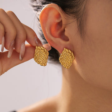 Wheat Leaf Texture Stud Earrings Gold And Steel Metal Finish