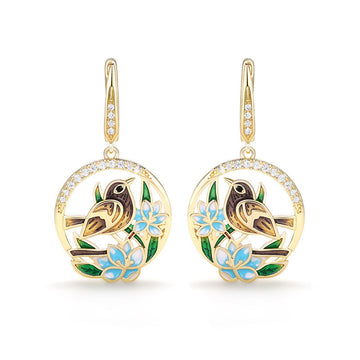 Gold Tone Enamel Bird Floral Circle Drop Leverback Earrings