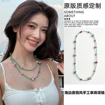 Green Cord Necklace With Pink and Purple Round Beads