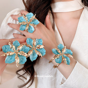 Gold Enamel Flower Cuff Bangles Open Rings Stud Earrings