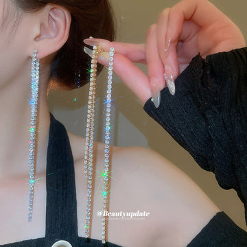 Long Silver Tone Crystal Chain Statement Tassel Earrings