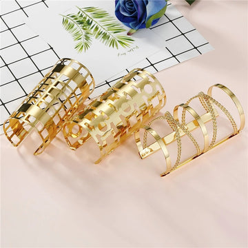 Gold Tone Wide Openwork Cuff Bracelets in Nine Geometric Designs