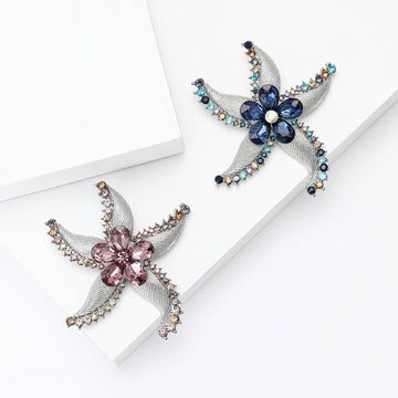 Crystal Starfish Flower Brooch Textured Silver Leaves Purple Blue