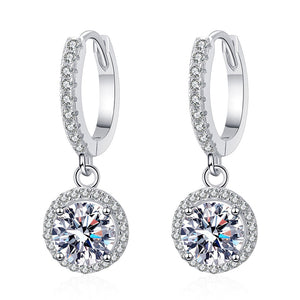 Silver Tone Round Clear Halo Drop Hoop Earrings Pair