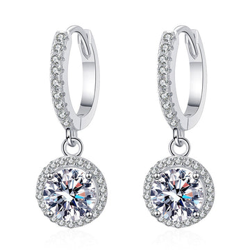 Silver Tone Round Clear Halo Drop Hoop Earrings Pair