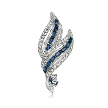 Blue Silver Tone Leaf Crystal Two Designs Metal Brooch Pin 2.2 x 5 cm