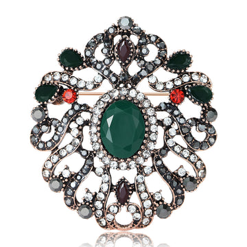 Antique Copper Openwork Flower Brooch Green Oval Center Stone