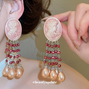Pink Cameo Red Beaded Fringe and Pearl Statement Earrings