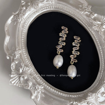 Gold Zigzag Zircon Bar Drop Earrings White Freshwater Pearl