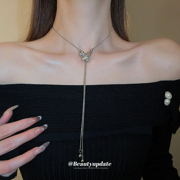 Silver Butterfly Crystal Bead Tassel Y Necklace Piece