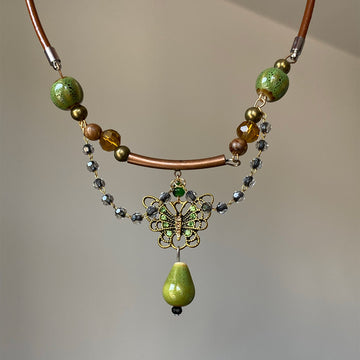 Brown Leather Cord Green Ceramic Butterfly Pendant Necklace