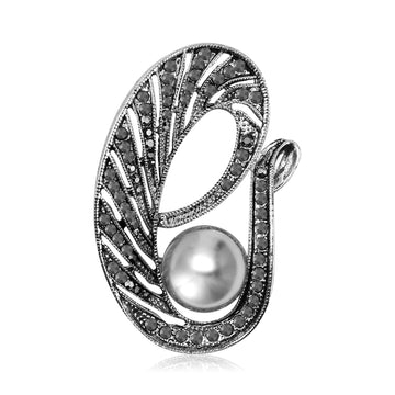 Antique Silver Abstract Loop Brooch With Gray Pearl