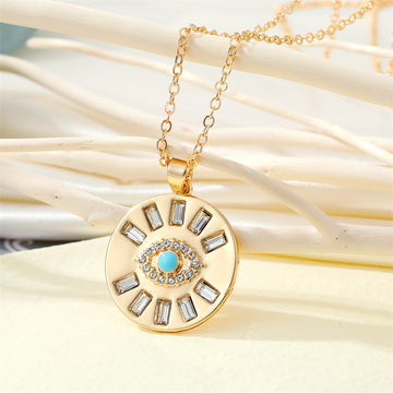 Gold Tone Round Crystal Ray Blue Evil Eye Pendant Necklace