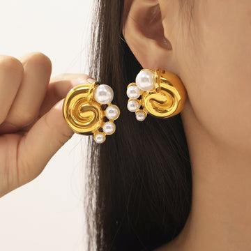 Swirl Stud Earrings With Imitation Pearl Clusters Metal