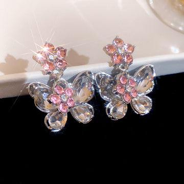 Pink Crystal Butterfly Drop Earrings and Pendant Necklace