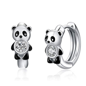 Silver Panda Huggie Hoop Earrings Black Enamel Clear CZ