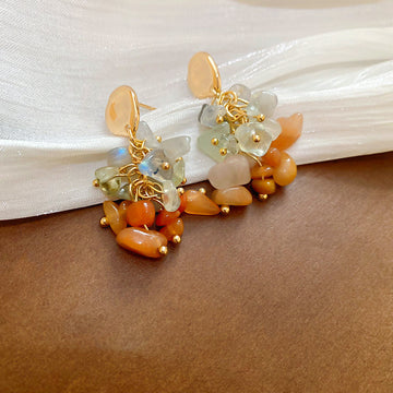 Orange Stone and White Flower Cluster Earrings with Polished Metal Details