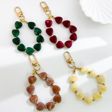 Heart Shaped Bead Bracelet Keychain With Gold Tone Clasp