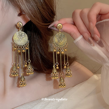 Antique Gold Tone Disc and Bell Long Drop Earrings