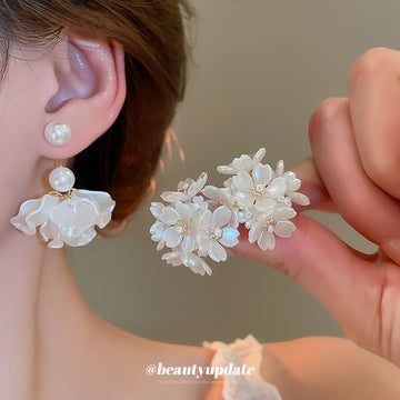 White Floral Stud and Pearl Drop Earrings in Two Styles