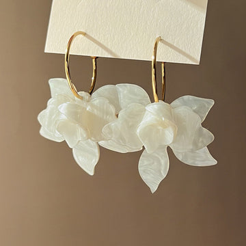 White Resin Flower Hoop Earrings With Gold Tone Hooks