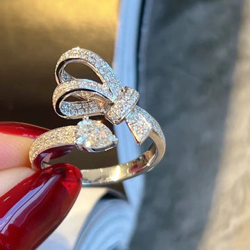 Bow-Knot And Round Clear Stone Adjustable Open Ring In Silver Tone