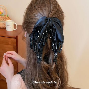 Satin Bow Crystal Bead Tassel Claw Hair Clip 1 Style
