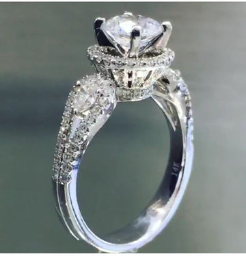 Silver Tone Round Halo Crystal Ring