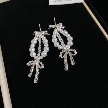 Lace Bow and Faux Pearl Tassel Stud Earrings in Silver Tone