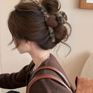 Leopard Fuzzy Claw Clip Brown Flocked Heart Accent