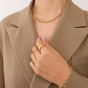 Textured Oval Link Chain Necklace Bracelet Gold Steel Tone Set