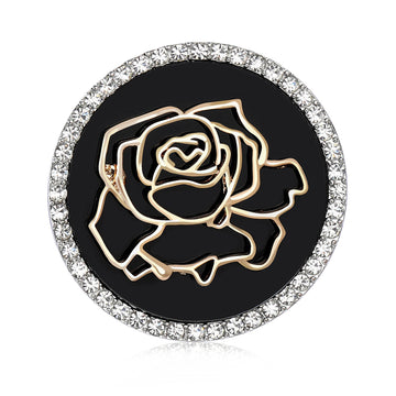 Round Rose Brooch In Metal With A Black Enamel Field, Gold-Tone Rose Outline, And Crystal