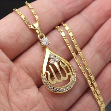 Gold Teardrop Arabic Calligraphy Crystal Pendant Necklace