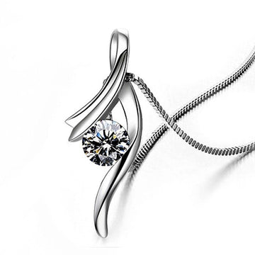 Silver Tone Curved Leaf Pendant Necklace With Clear Stone