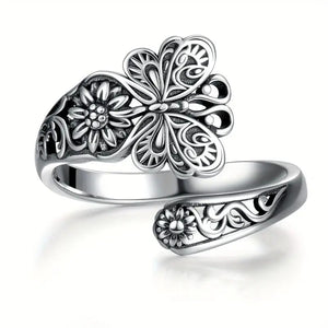 Butterfly And Floral Adjustable Open Ring Antiqued Silver Tone